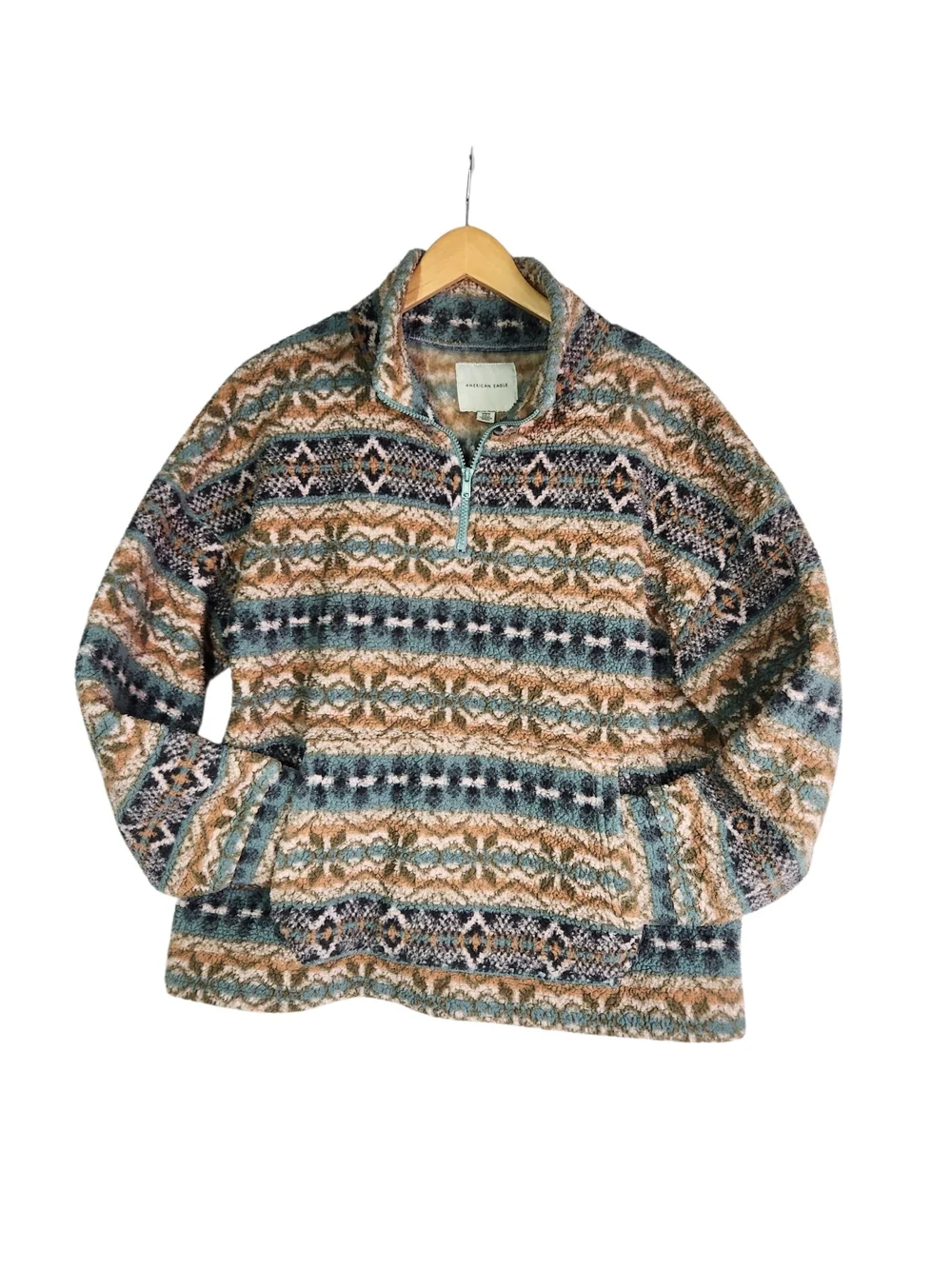 American Eagle Sherpa Fleece Pullover Medium Fair Isle Aztec 1/4 Zip Cozy